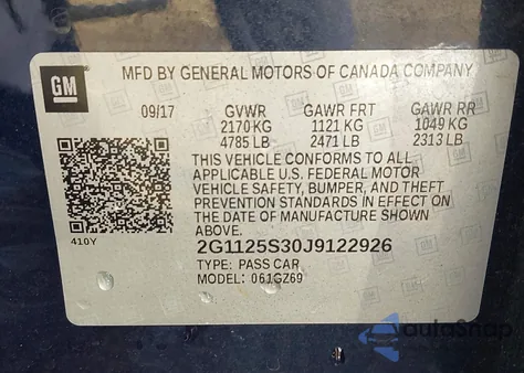 2018 Chevrolet Impala 2Lz from USA, damaged, VIN 2G1125S30J9122926